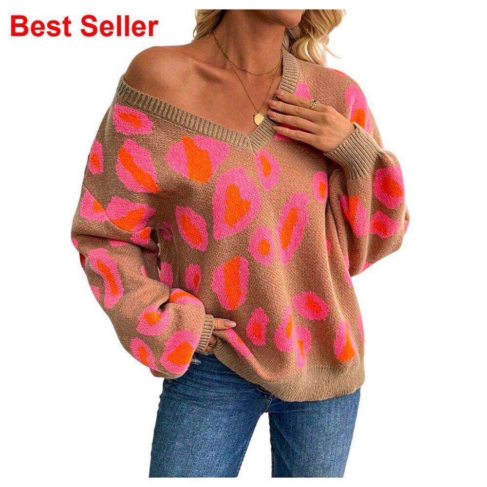 Soft V-Neck Pullover Sweater, Leopard Print, Long Sleeve, Loose Fit
